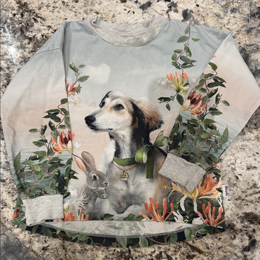 Molo Kids Shirt with Dog and Rabbit Print - Gray and Green